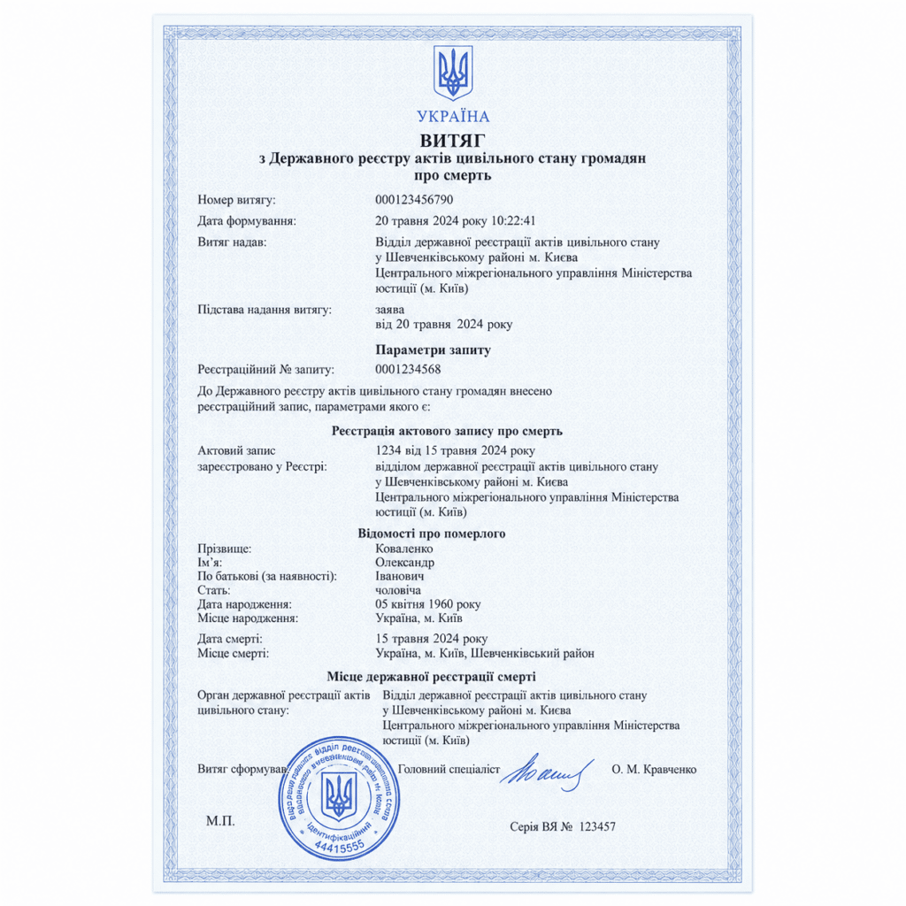 витяг ДРАЦС громадянина України про смерть за кордоном