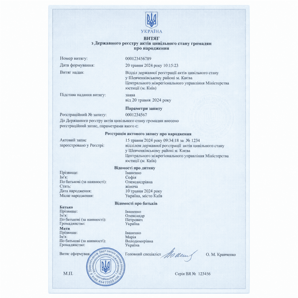 витяг ДРАЦС громадянина України про народження за кордоном