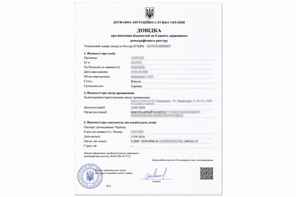 Допомога в отриманні довідки про внесення відомостей до єдиного державного демографічного реєстру (про місце проживання) з України за кордоном