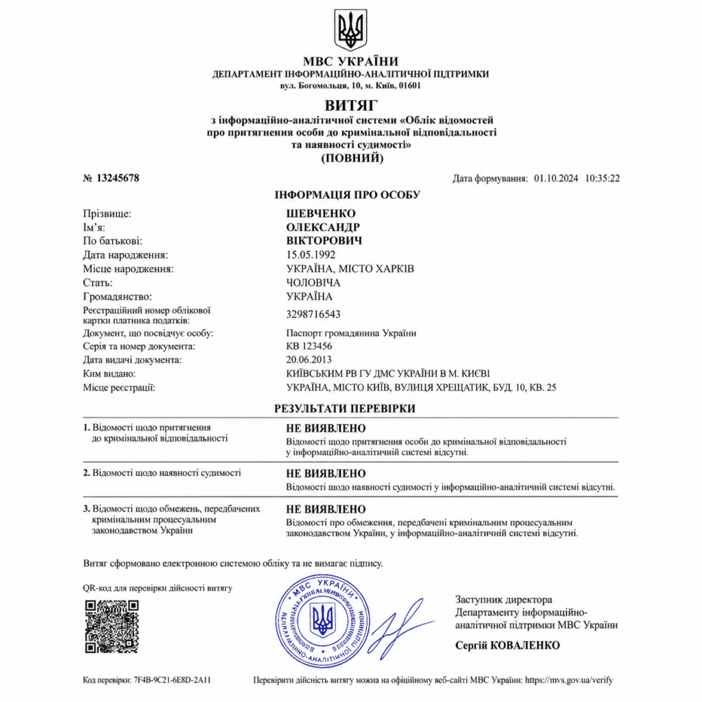 Повний витяг про несудимість за кордоном